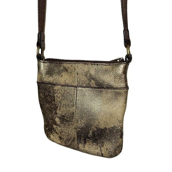 Fossil Explorer Mini Crossbody Purse Shoulder Bag Gold Metallic Leather 8x8 - Picture 8 of 9